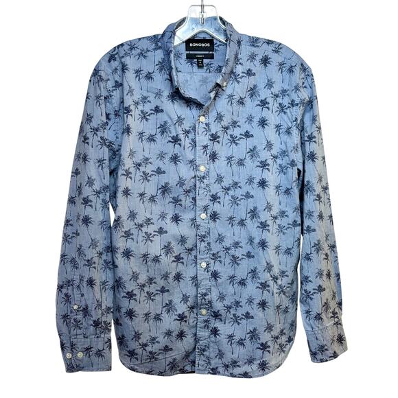 Bonobos Button Down Shirt Cotton Standard Fit Men's Med Short Blue Palm Tree L/S - Picture 1 of 3